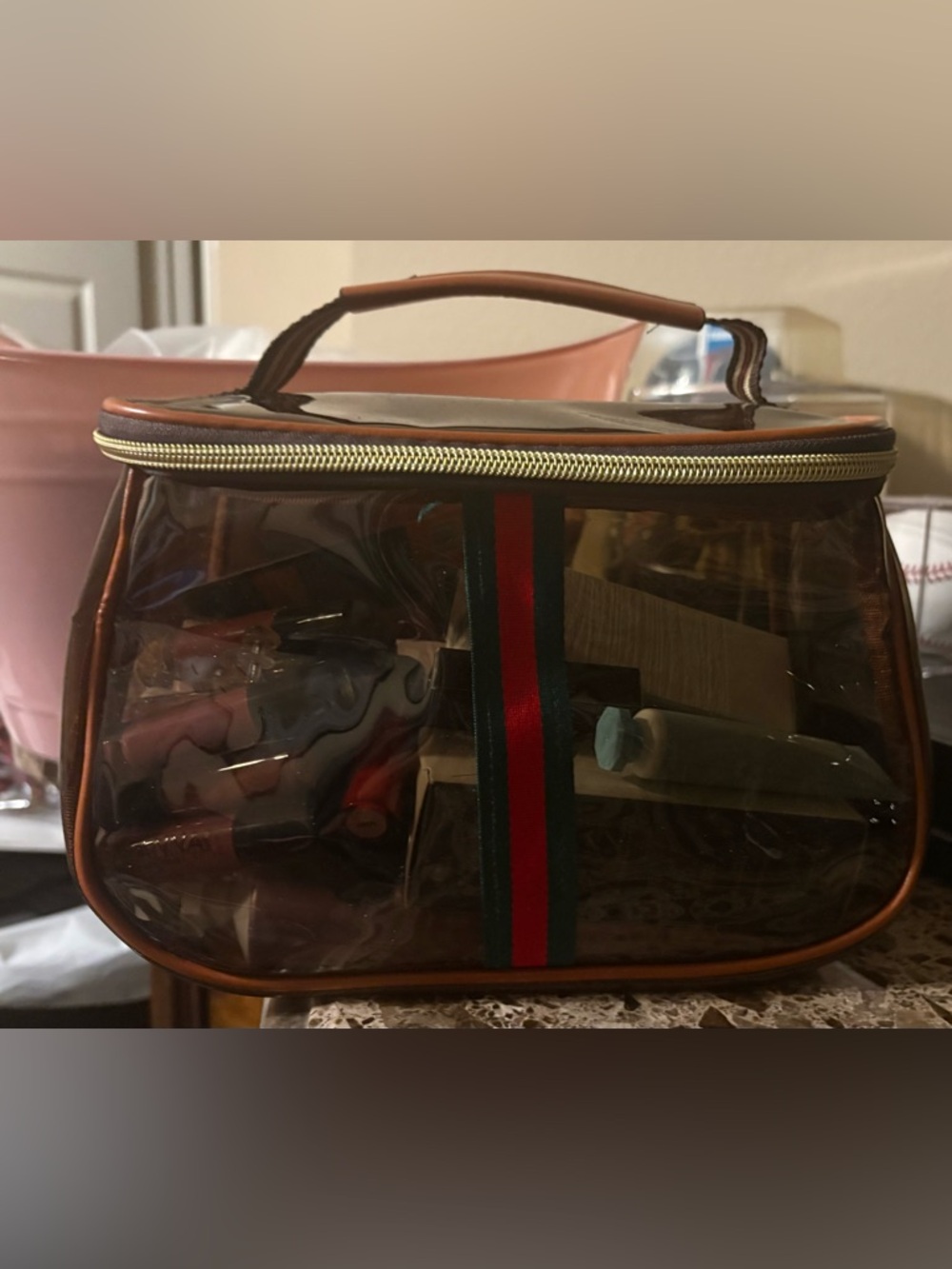 Makeup Tote/Bag with Green and Red Stripe w/new items